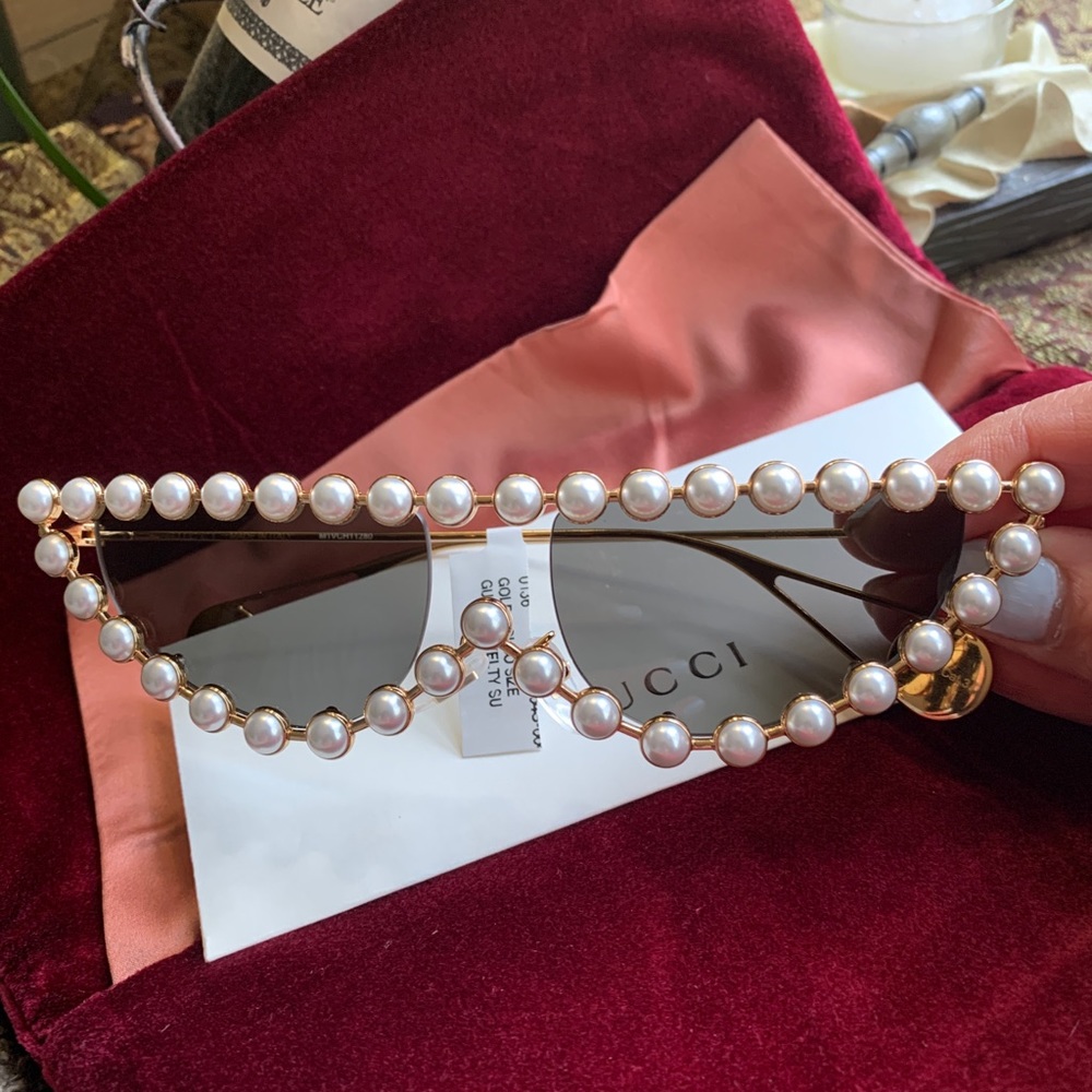 🔥SALE🔥RARE Authentic GUCCI 53 cat "HOLLYWOOD COLLECTION " metal/pearls sunglasse - Picture 7 of 13
